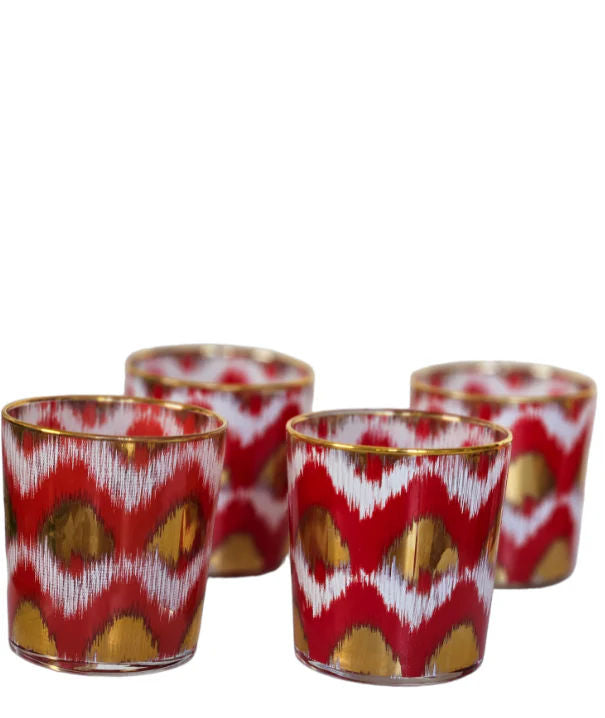 Ikat gold glasses - Red Tumbler Set of 4