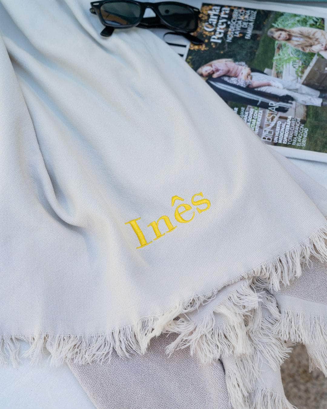 Personalised Beige Beach Towel with Fringe