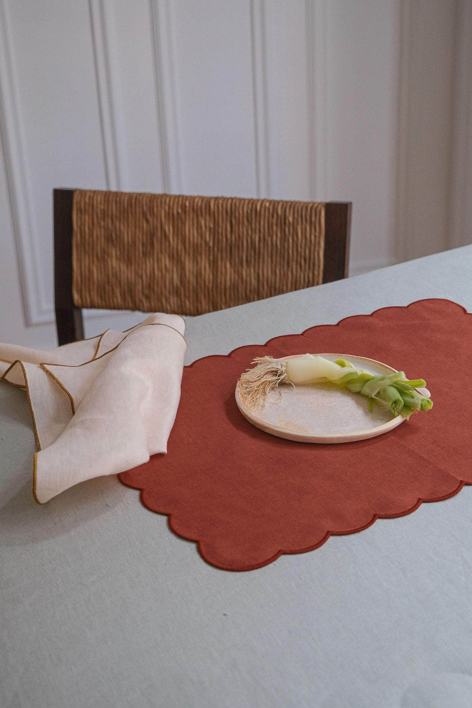 The Red Ochre Linen Scalloped Rectangular Placemats (Set of 2)