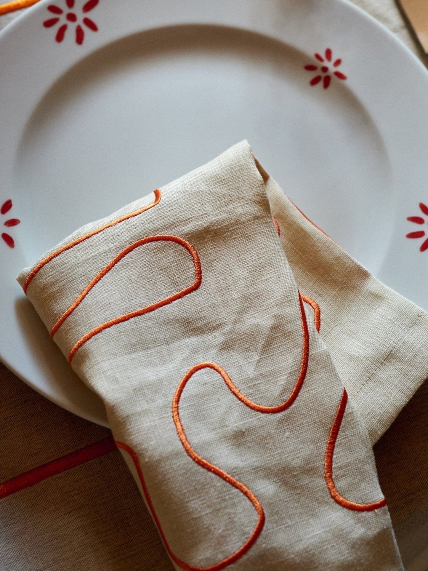 Pair of Embroidered Linen Napkins Orange