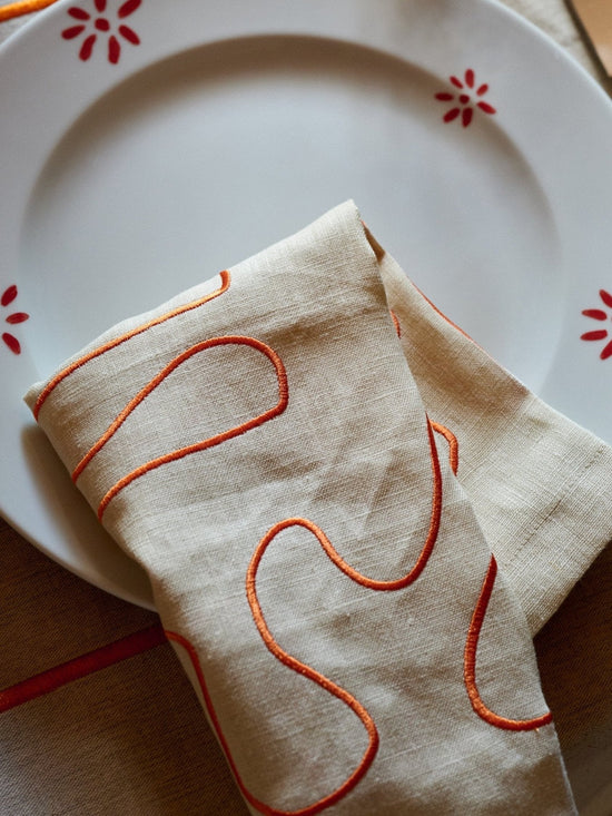 Pair of Embroidered Linen Napkins Orange