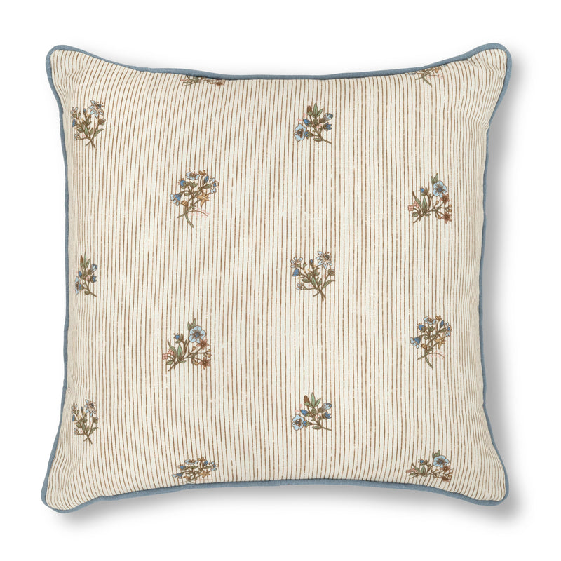 Flax & Field Posy Pinstripe Print Cushion with Chambray Blue Piping
