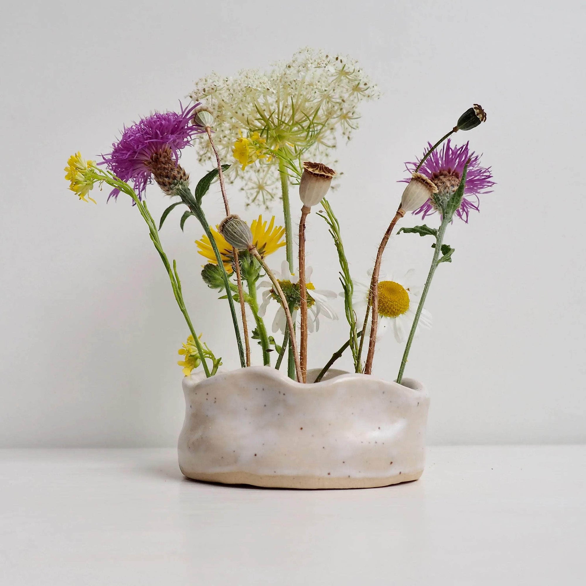 Large White Speckled Curvy Ceramic Flower Frog