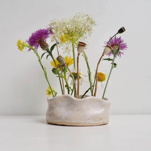 Large White Speckled Curvy Ceramic Flower Frog