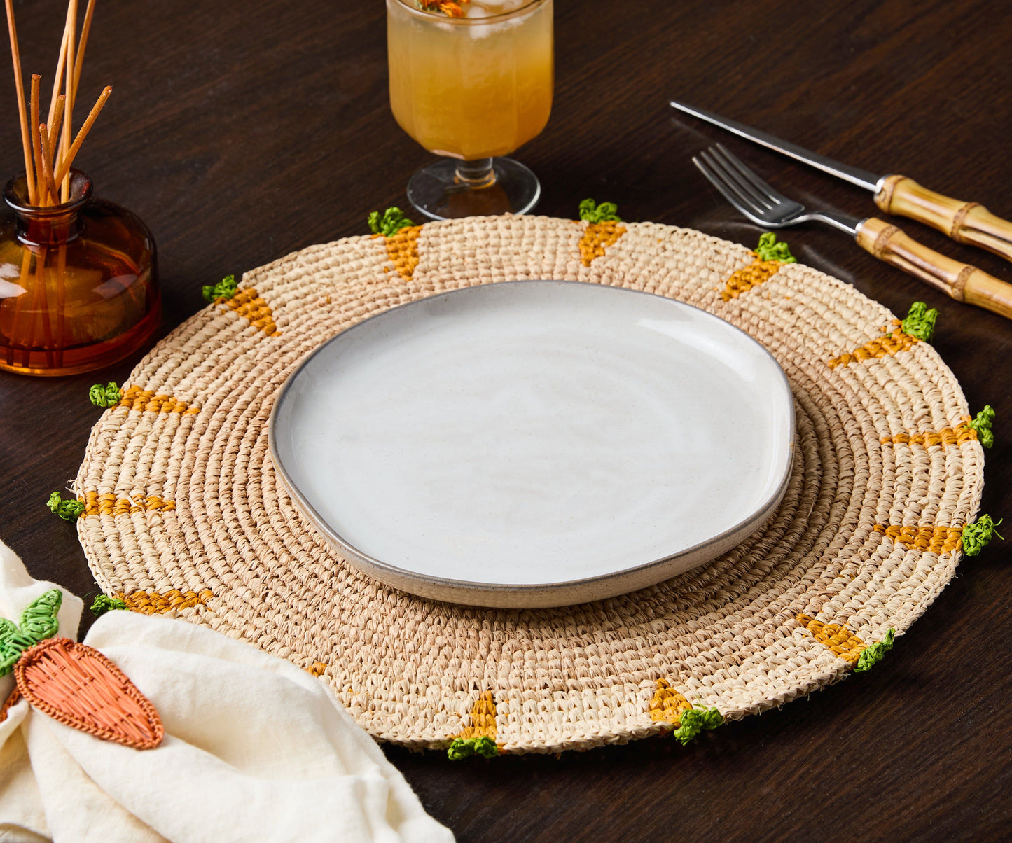 Handwoven Carrot Round Raffia Placemat – Artisan Table Décor