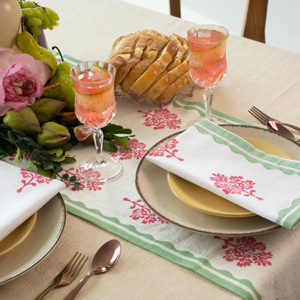 Sara - Pure Linen Hand-Printed Table Runner - Pink & Pastel Green