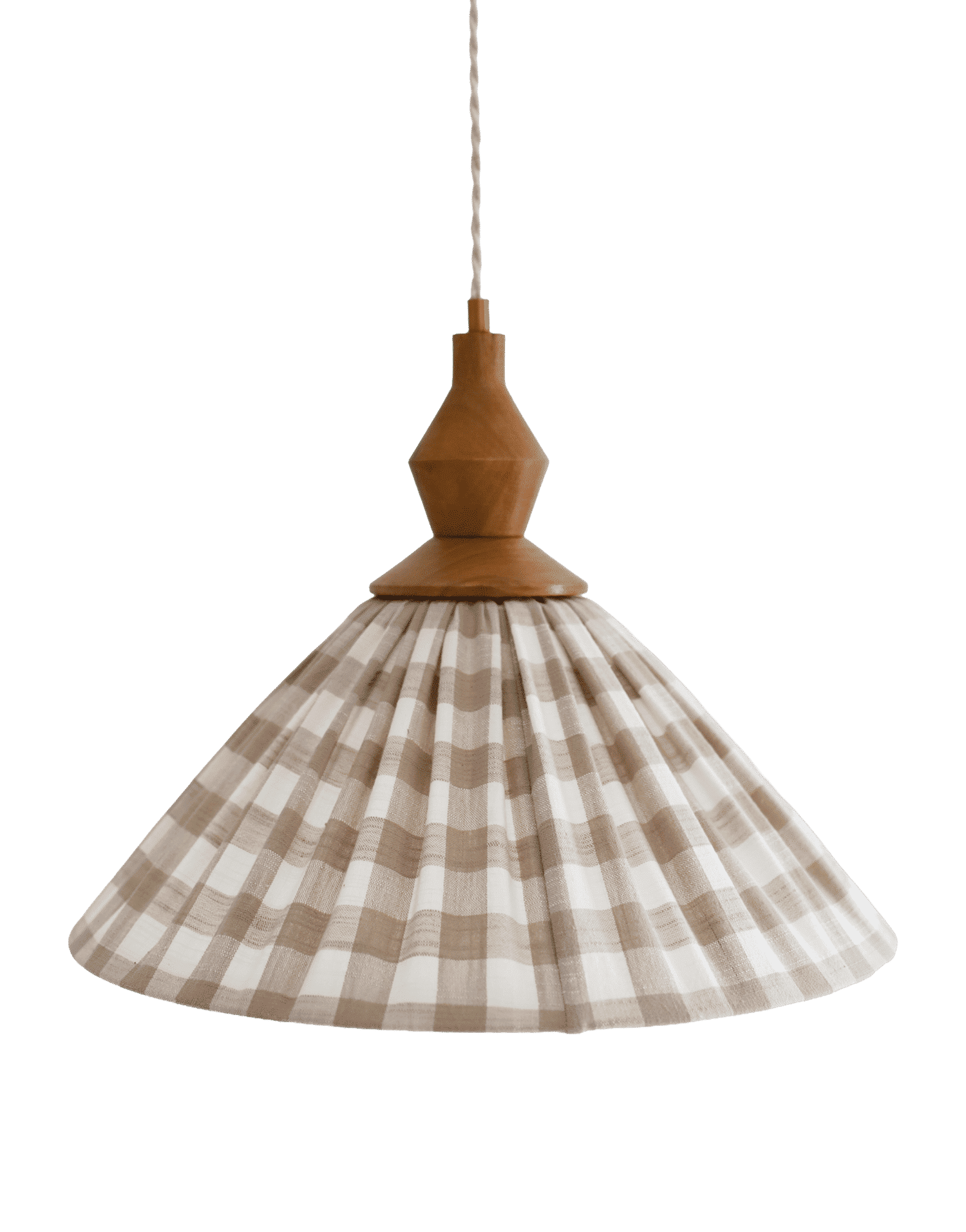 Olga Pleated Pendant Light in Beige Check Fabric with Turned Wood Finish