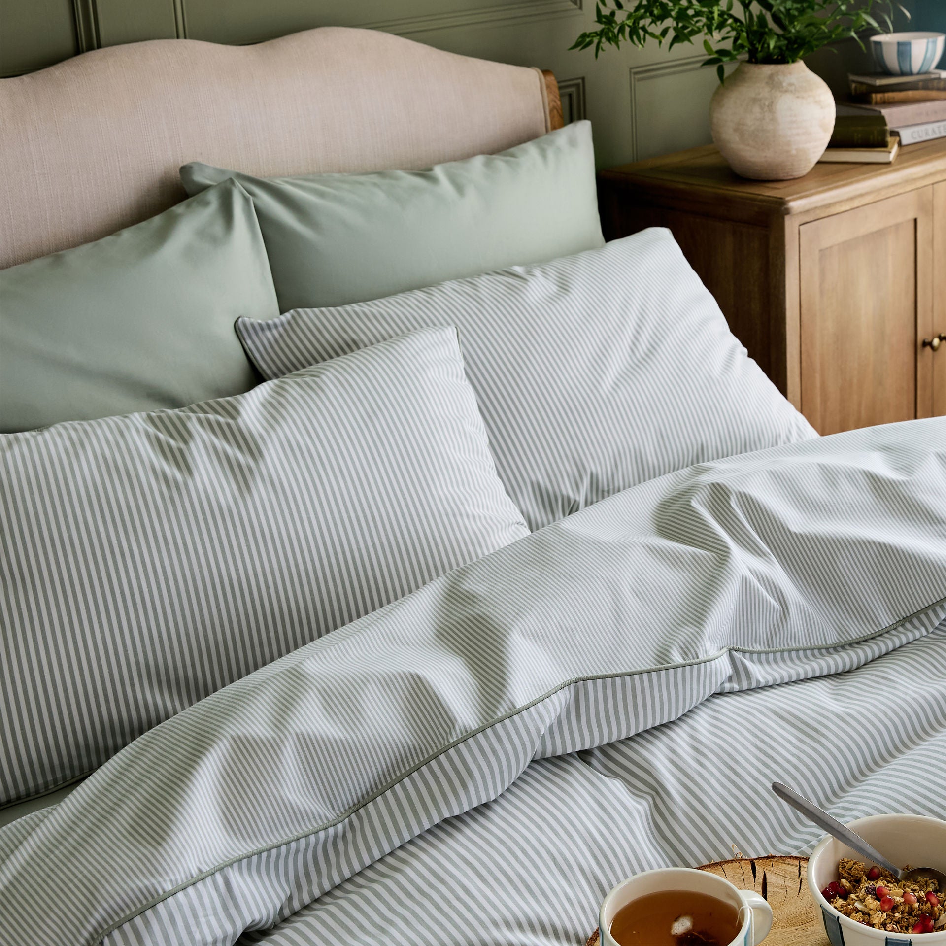 Luxury Organic Cotton Sage Green Striped Duvet Cover