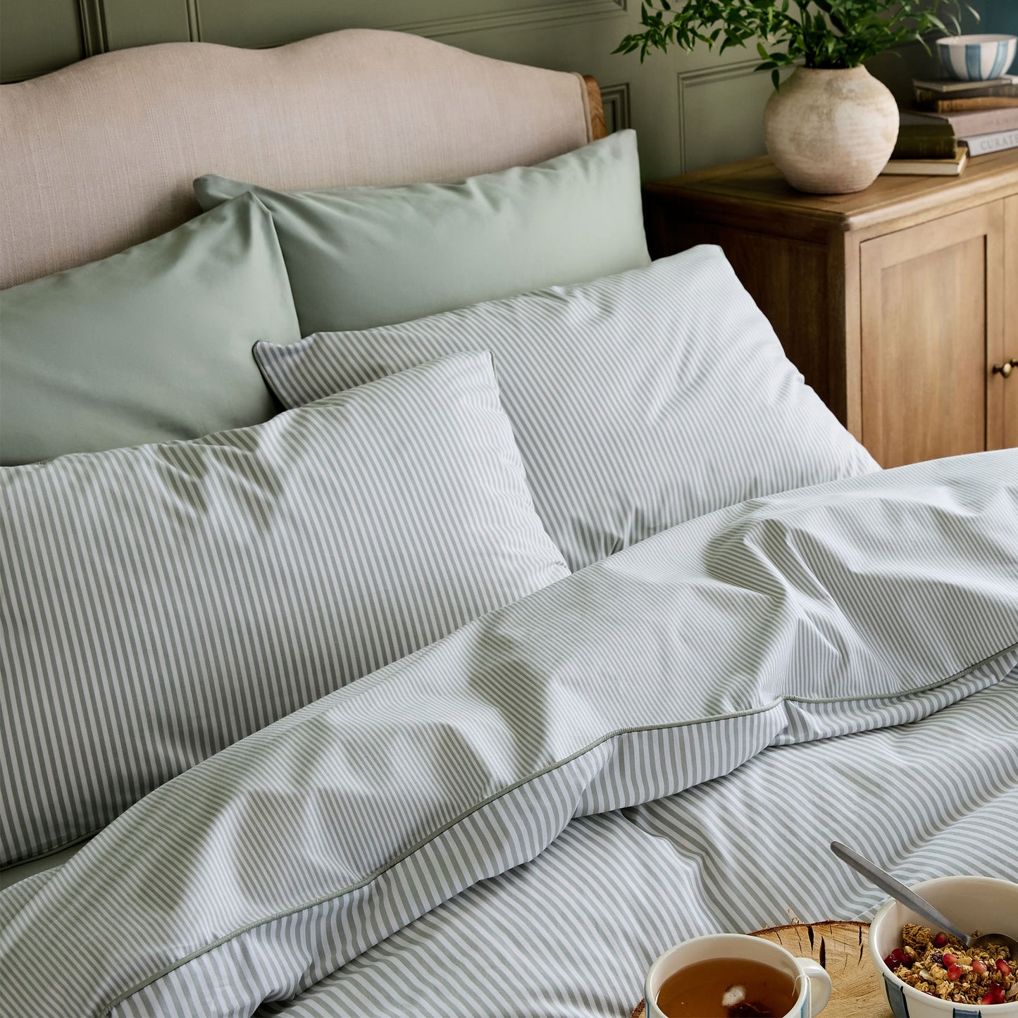 Luxury Organic Cotton Sage Green Striped Duvet Cover