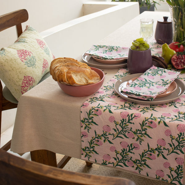 Rasa - Pure Linen Hand-Printed Table Runner - Pastel Pink