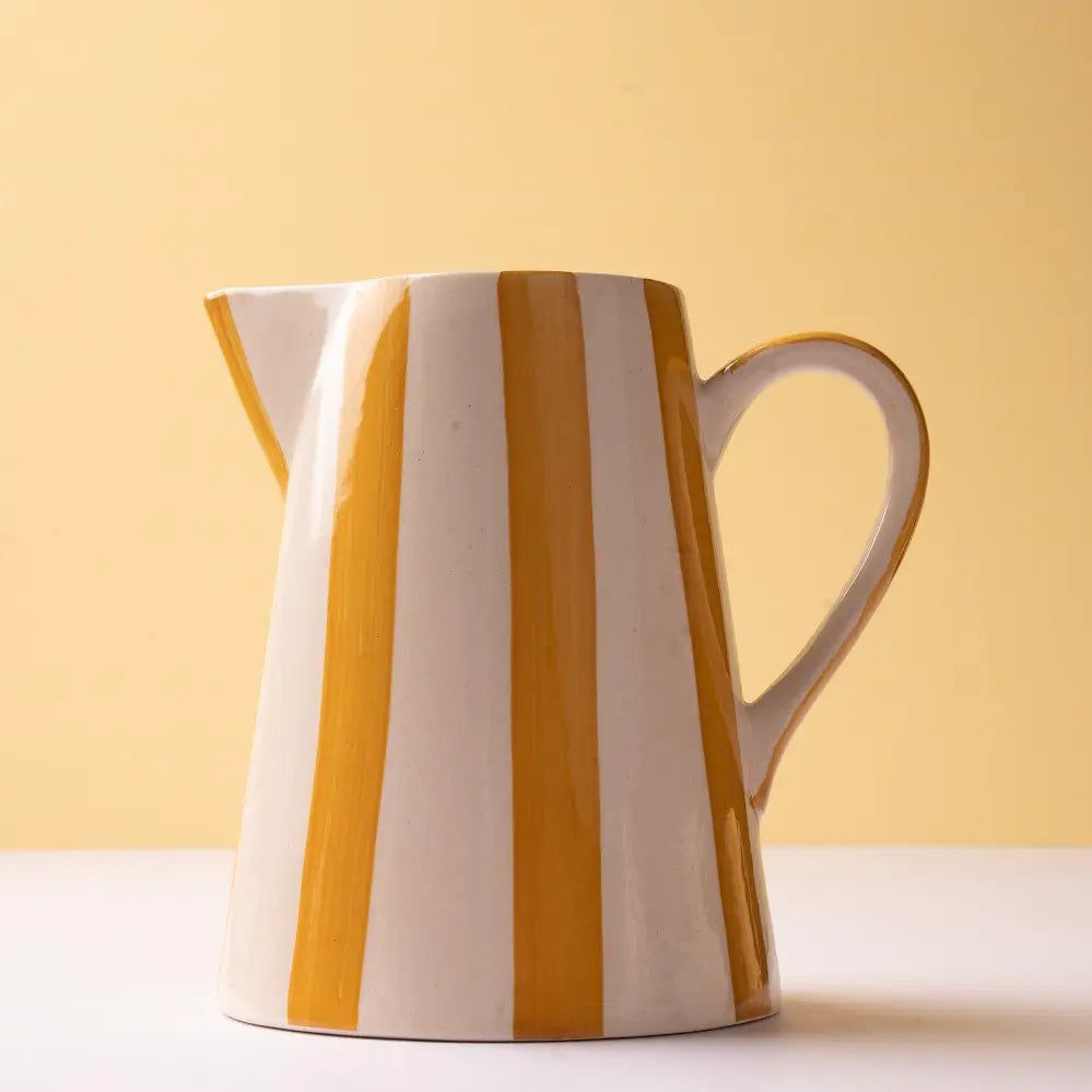 Ceramic Stripe Pitcher, Yellow- 8.25 x 8.25 x 8 Inches