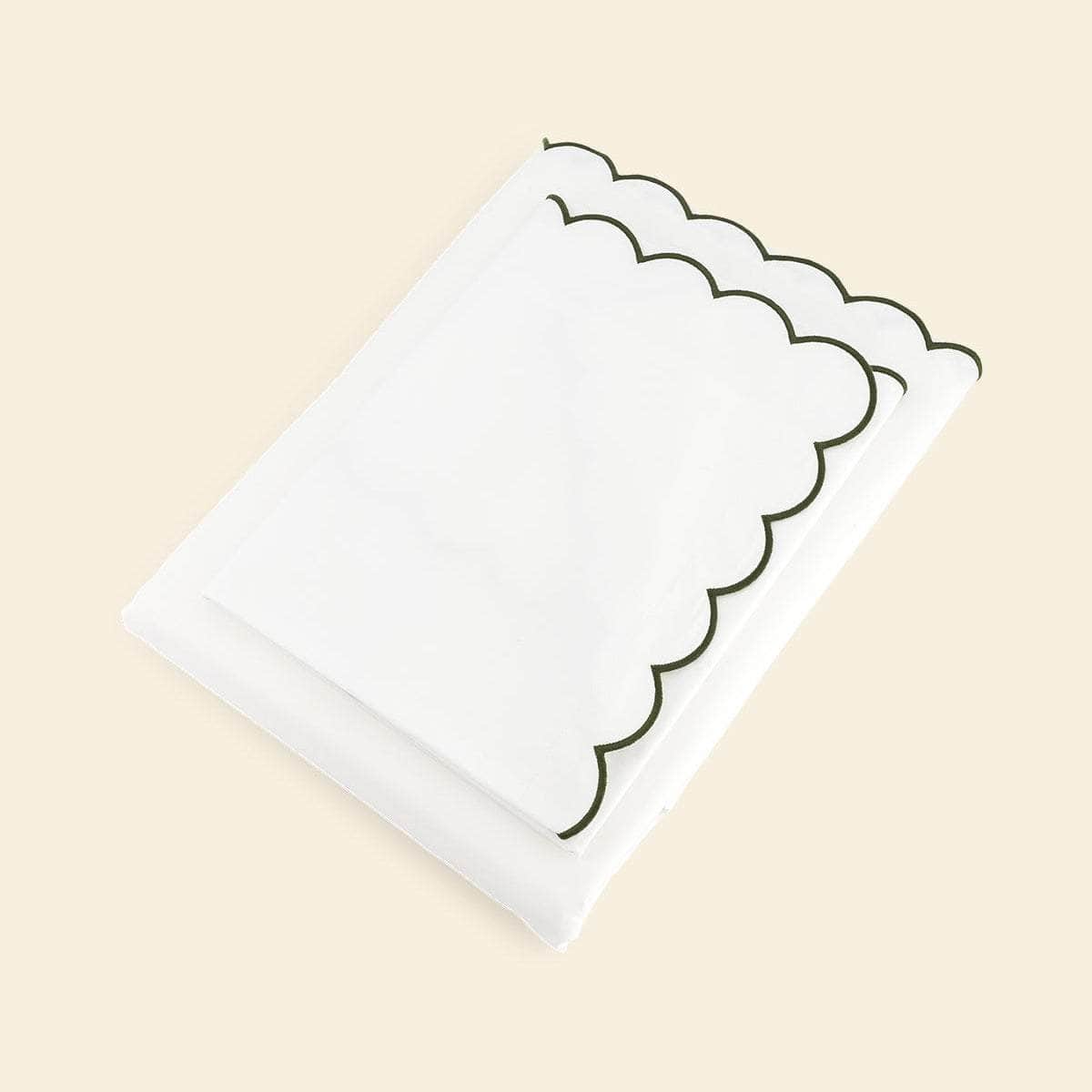 The Scalloped Bedding Set in White and Forest Green Cotton Percale