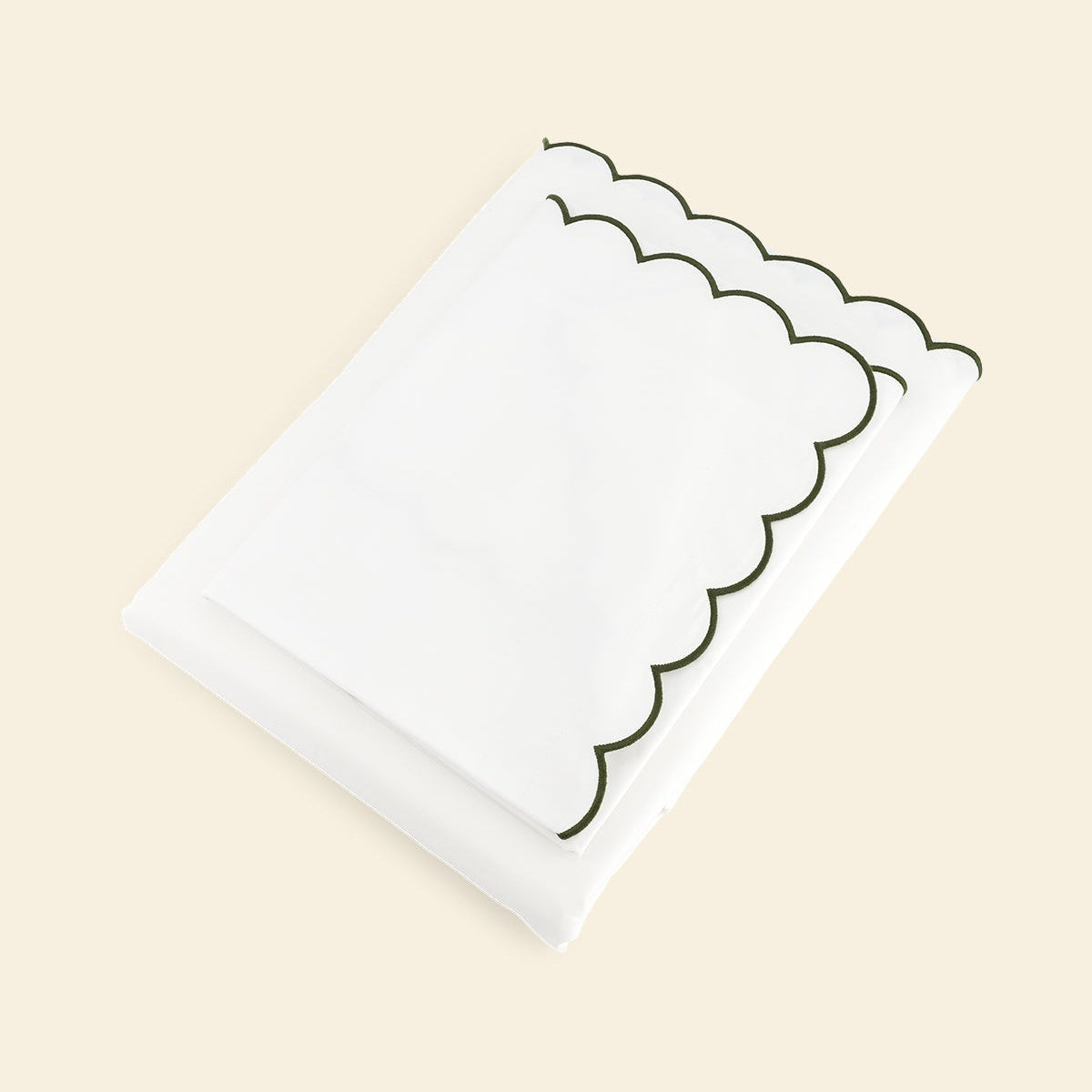 The Scalloped Bedding Set in White and Forest Green Cotton Percale
