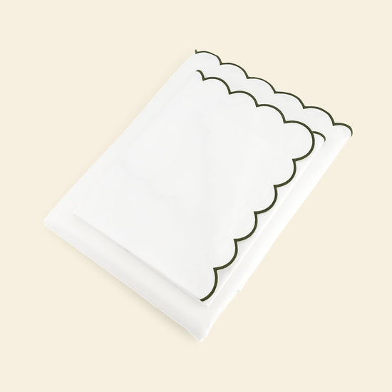 The Scalloped Bedding Set in White and Forest Green Cotton Percale