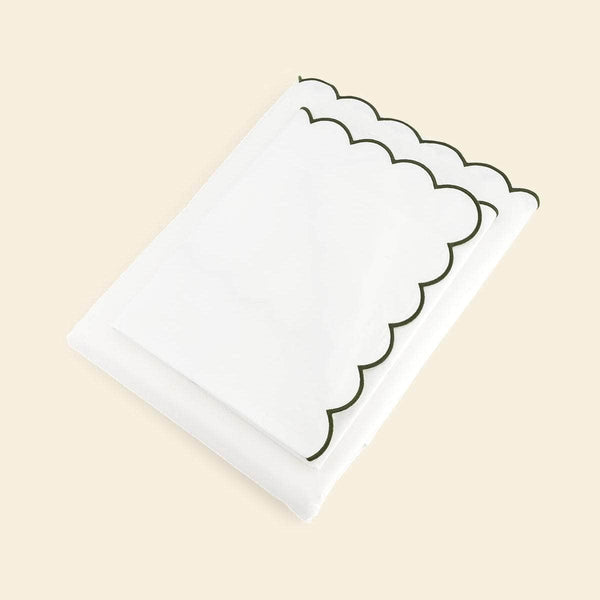 The Scalloped Bedding Set in White and Forest Green Cotton Percale