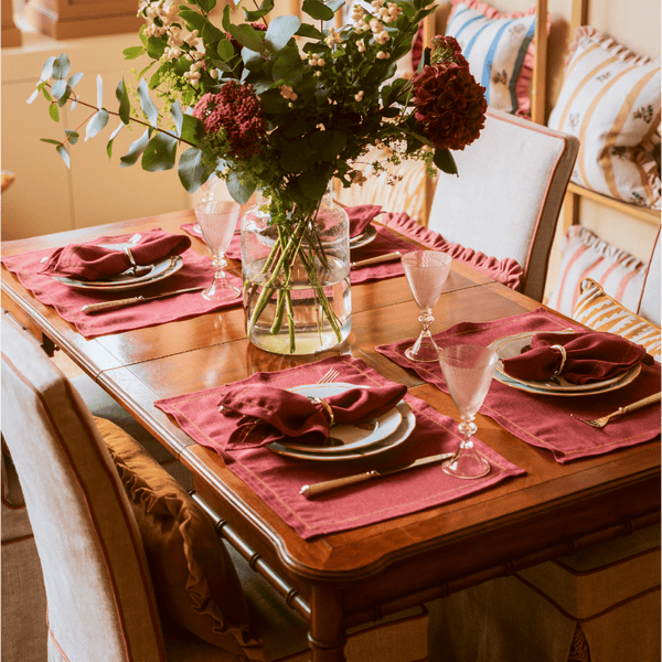 Set of Marsala Napkins with Fern Green Hemstitch