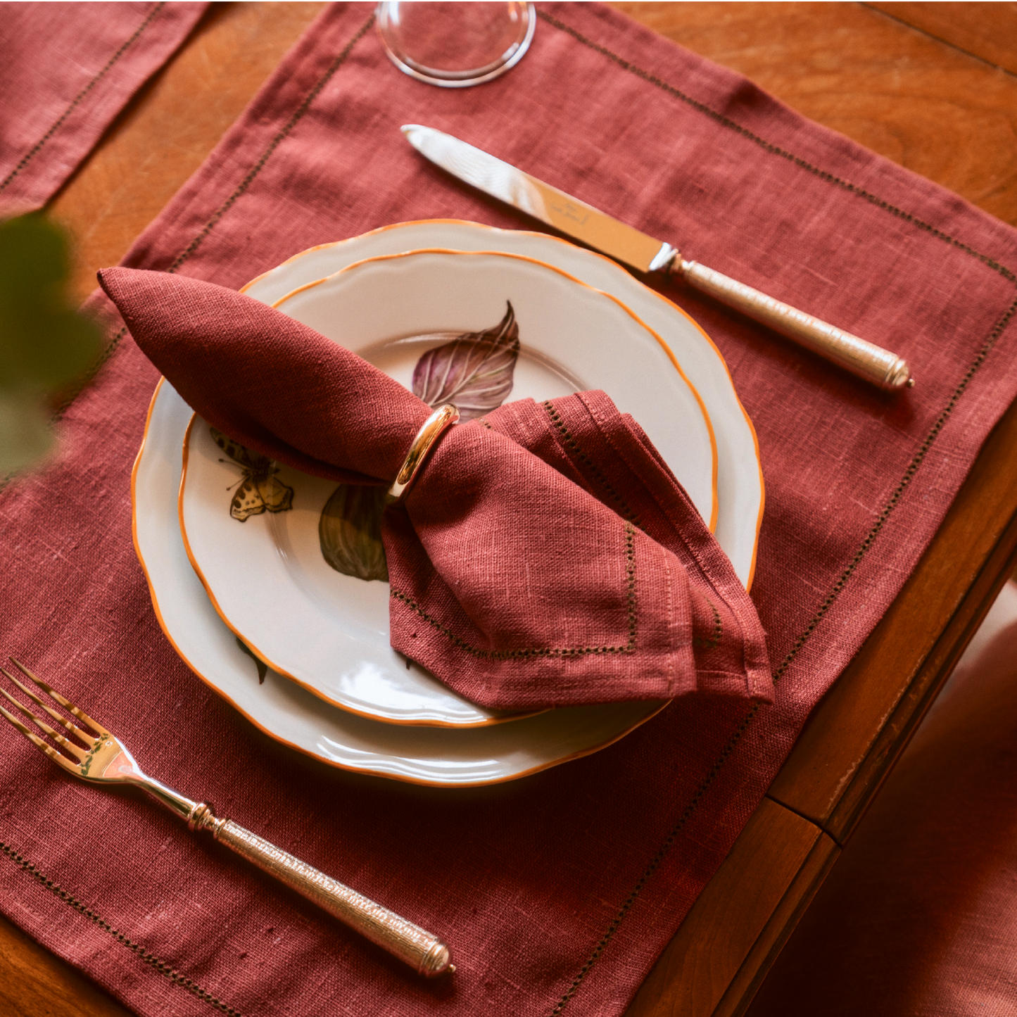 Set of Marsala Placemats with Fern Green Hemstitch