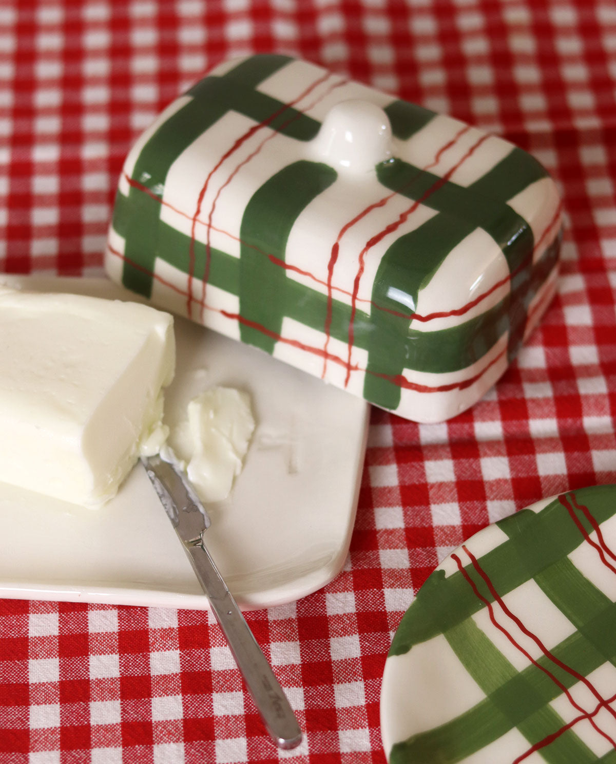 Plaid Ceramic Festive Butter Dish
