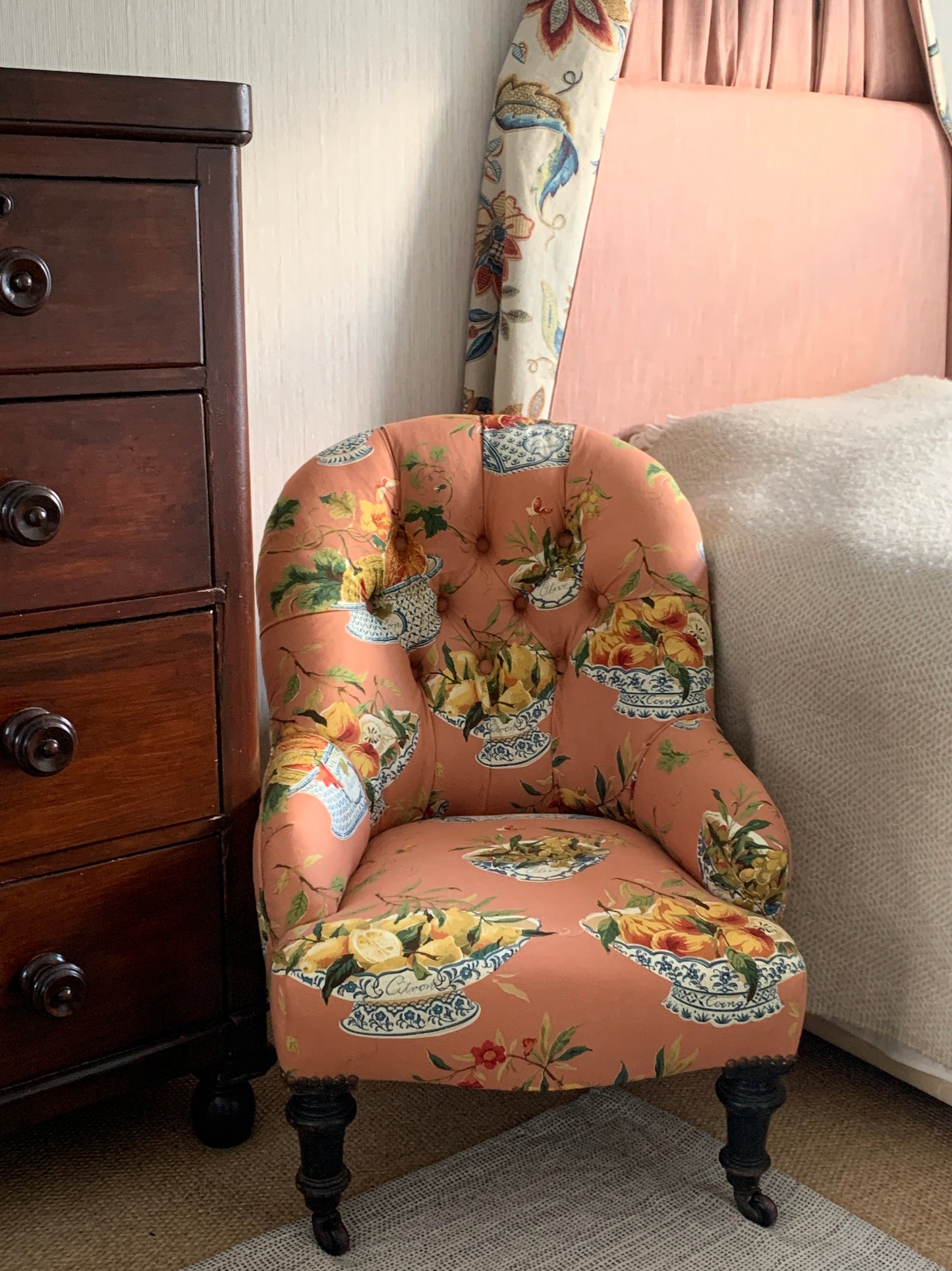 HANS & GRETEL - A Pair Of Antique Button Back Armchairs In Vintage Colefax & Fowler Fabric-