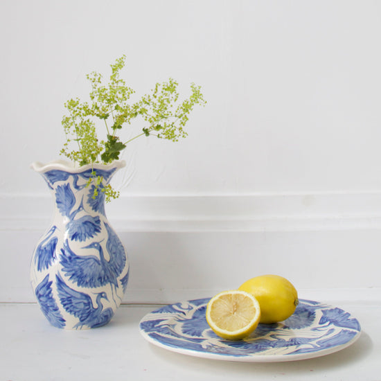 Herons Hand Painted Scalloped Vase - Blue