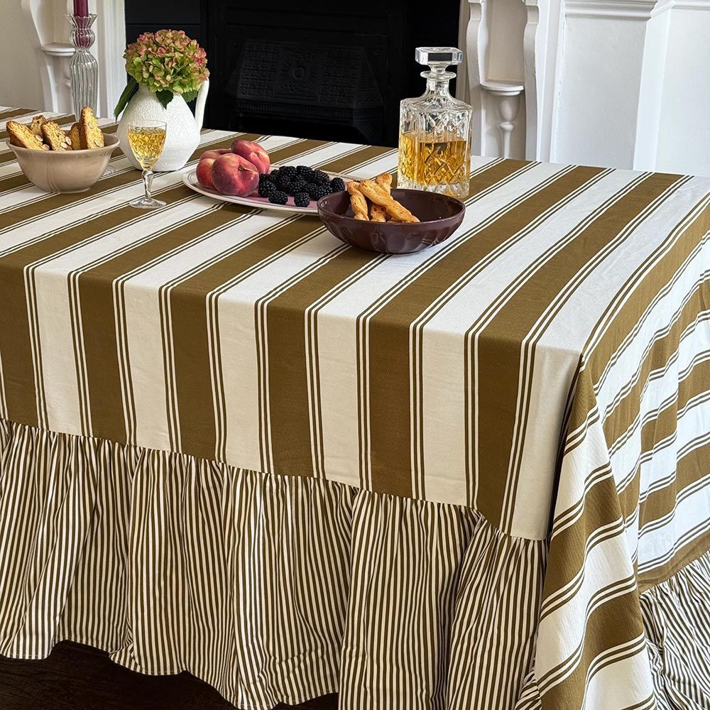 Murano Stripe Organic Ruffled Cotton Tablecloth - Bronzed Oak