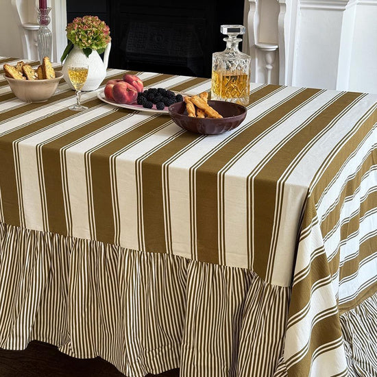 Murano Stripe Organic Ruffled Cotton Tablecloth - Bronzed Oak