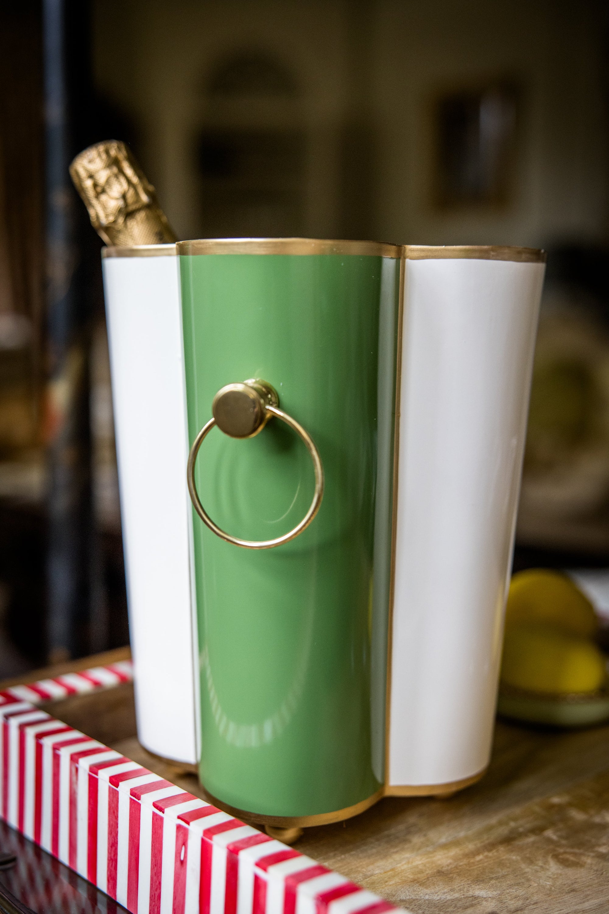 Scalloped Wine Cooler | Green and White | Striped