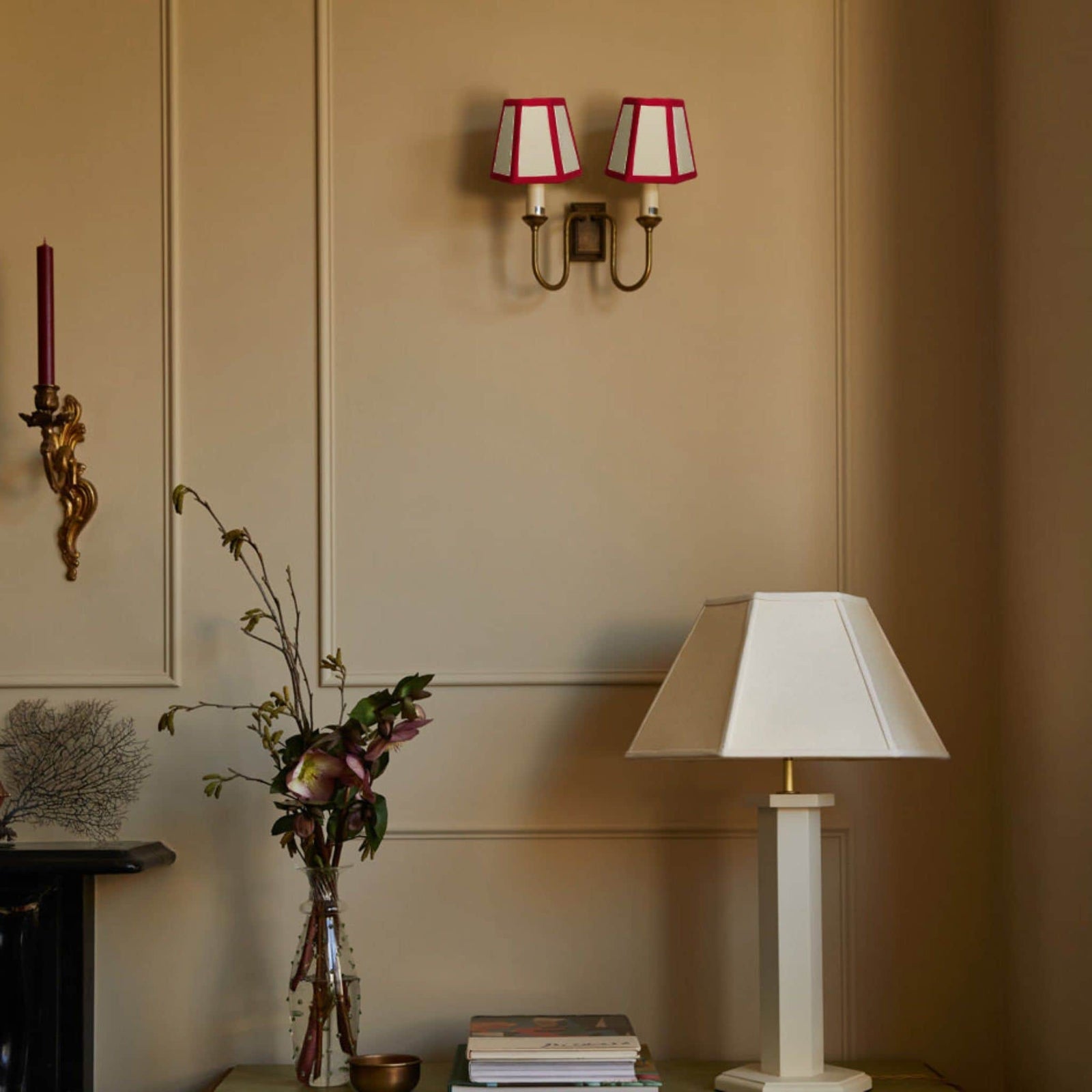 Hexagon Linen Lampshade, Red Trim - Candle Shade