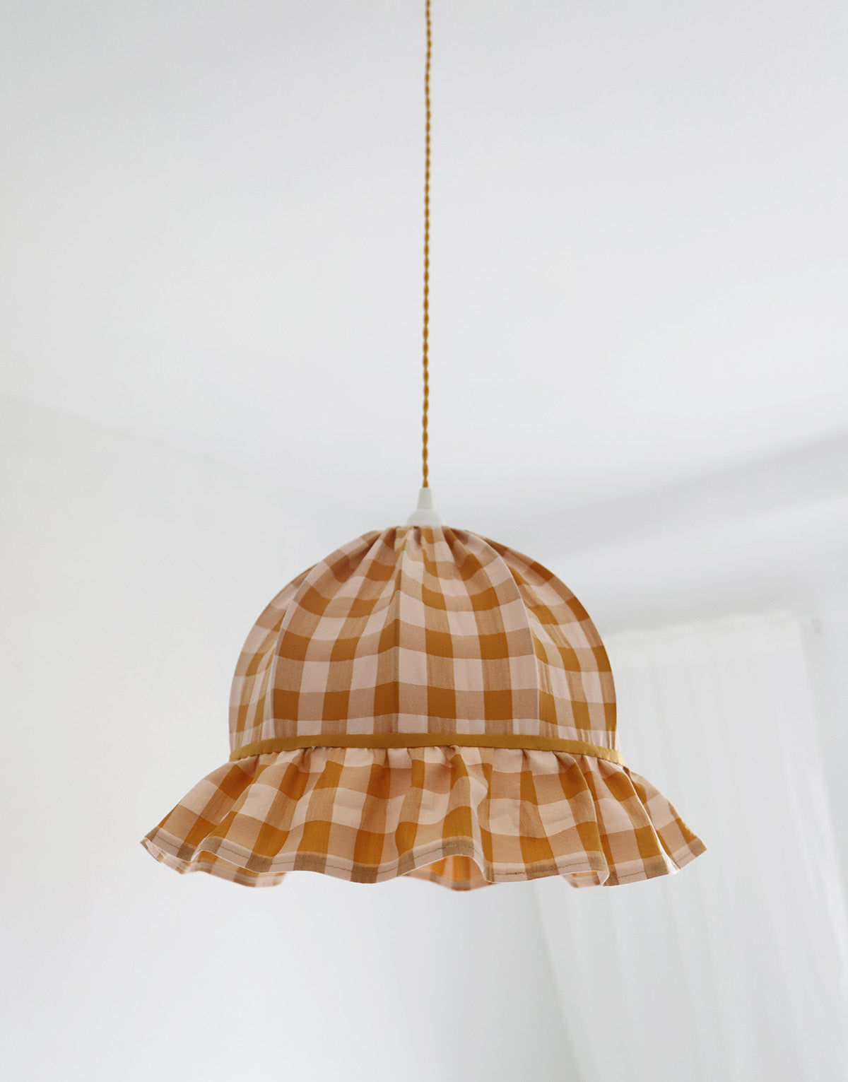 Vintage Dome Pendant Light with Ruffles in Mustard Gingham Print