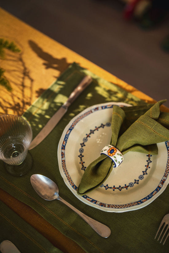 MF: Set of 6 Personalised Fern Green Napkins with Ochre Hemstitch