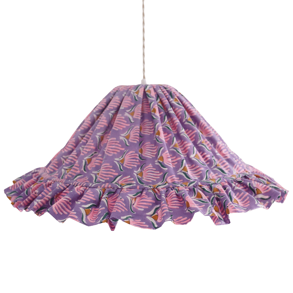 Conical Pendant Light with Emilia Ruffle “Purple Shell Flowers”