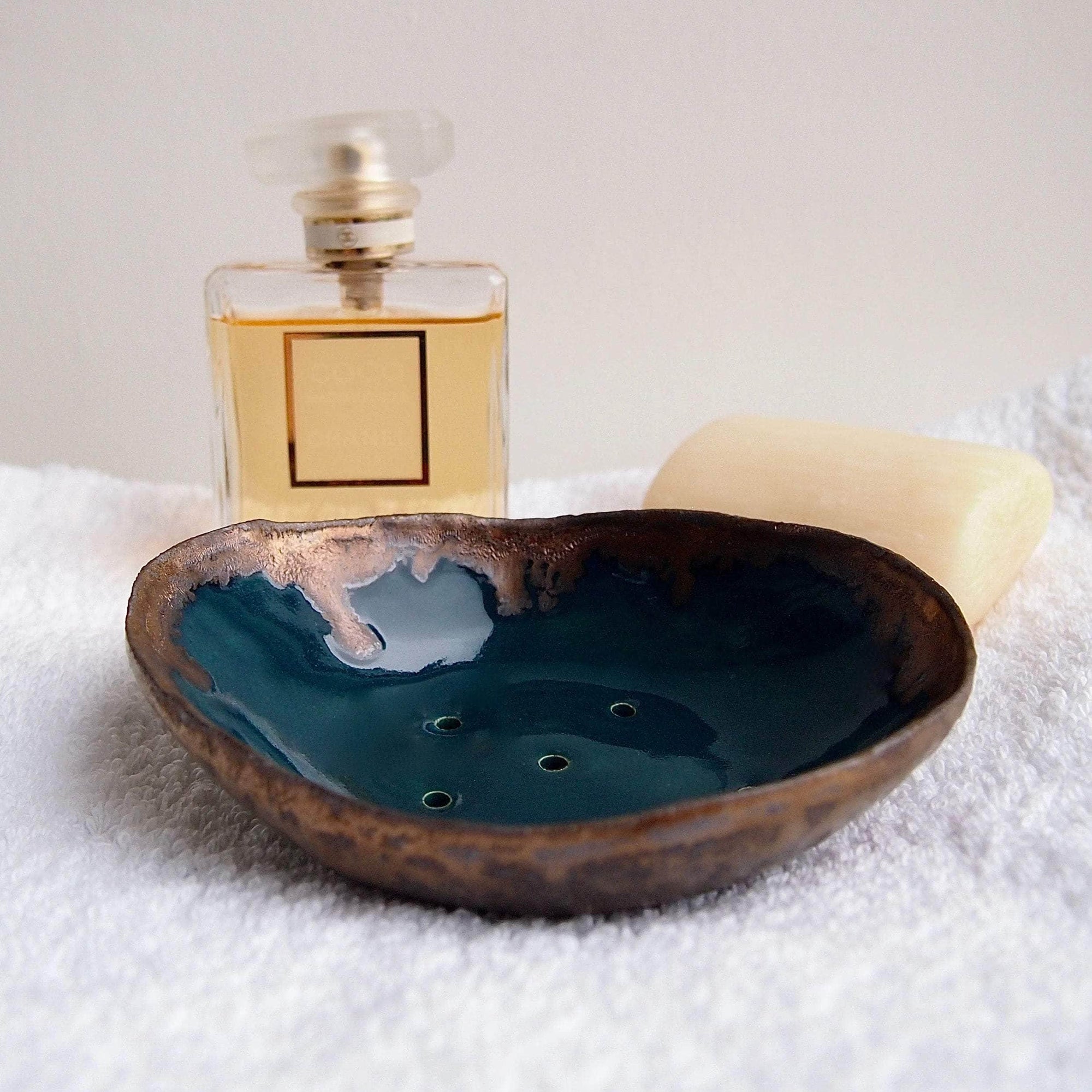 Handmade Teal Blue And Gold Oval Ceramic Soap Dish With Scalloped Top Edge