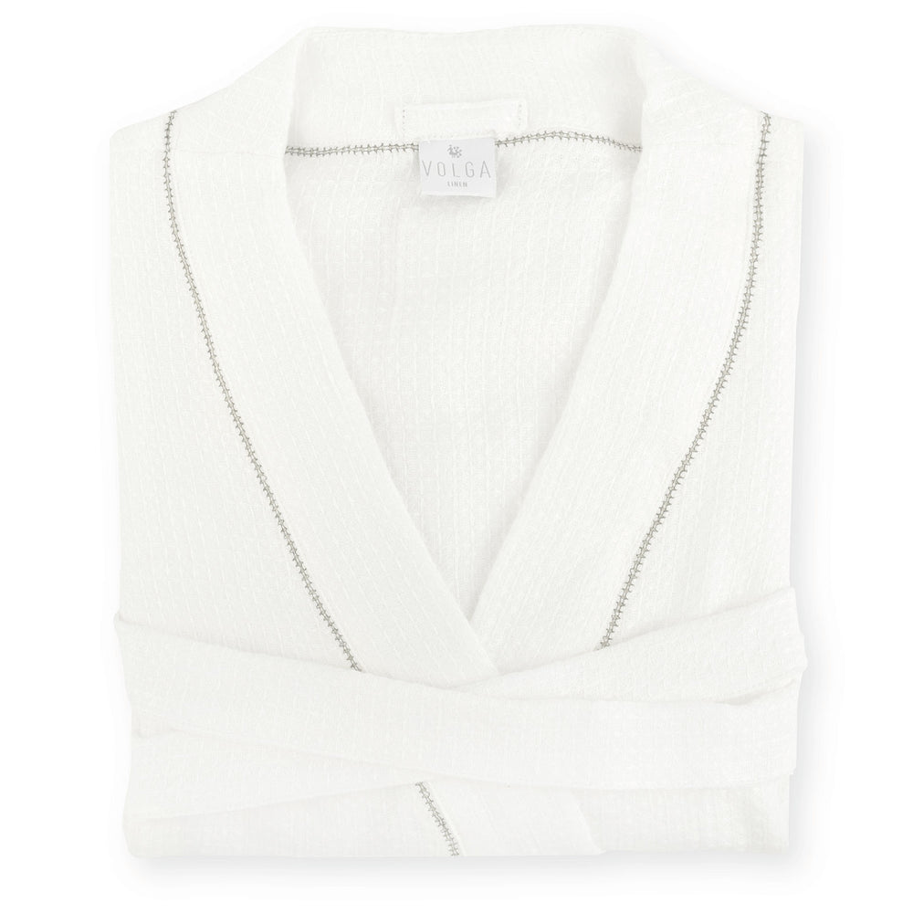 Personalised Two Initial Liège Robe in Ivory White Waffle with Olive Green Hemstitch