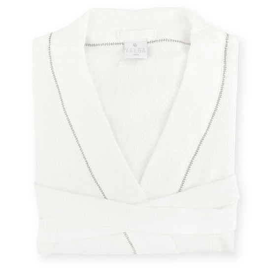 Personalised Two Initial Liège Robe in Ivory White Waffle with Olive Green Hemstitch