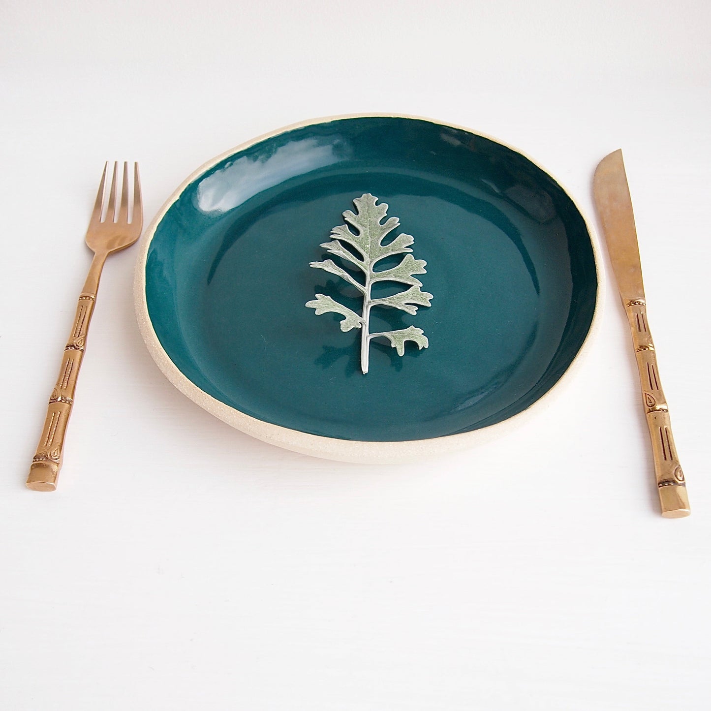 Handmade Teal and White Pottery Plate