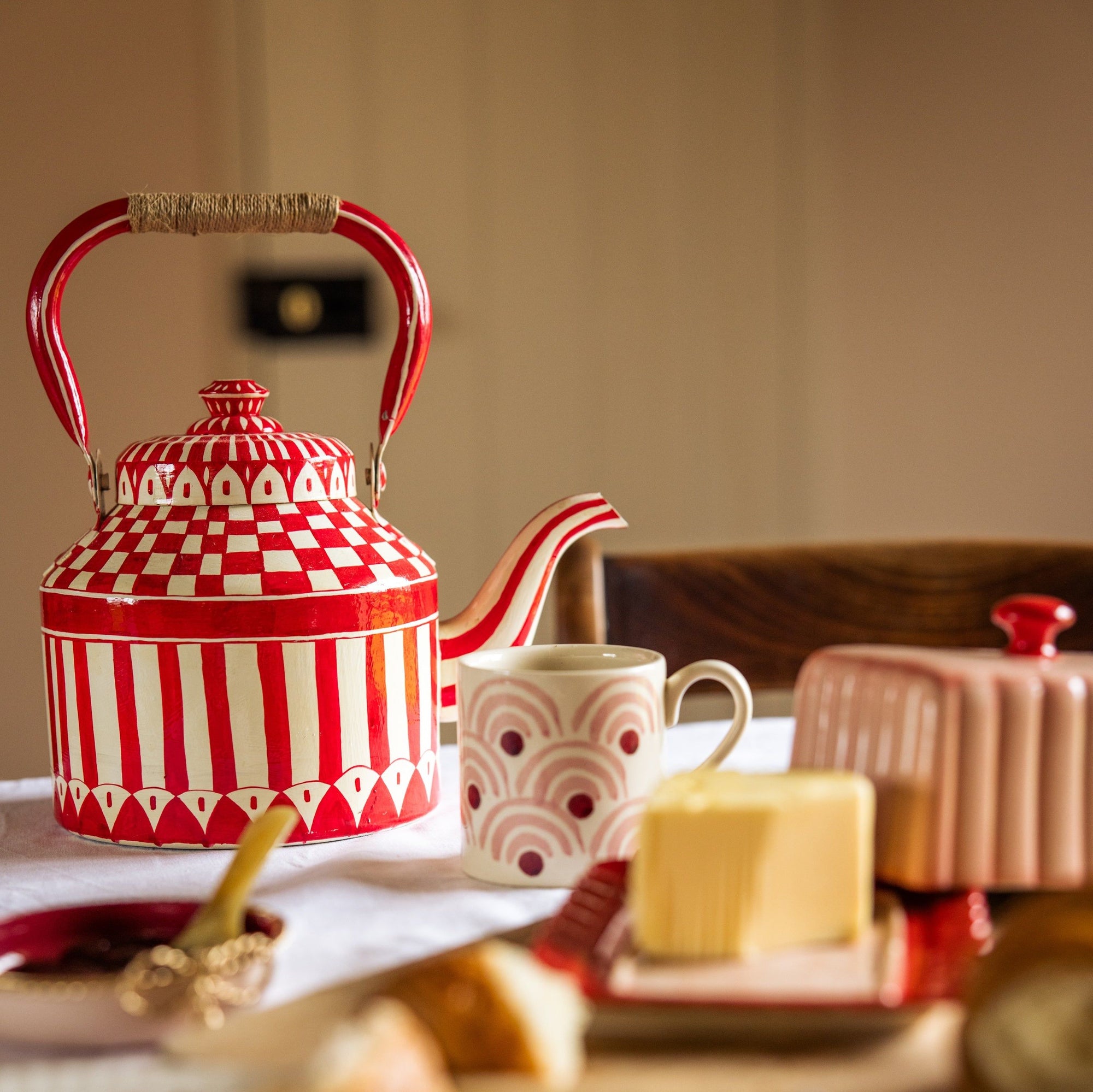 Hand Painted Tea Kettle | Red and White | Striped