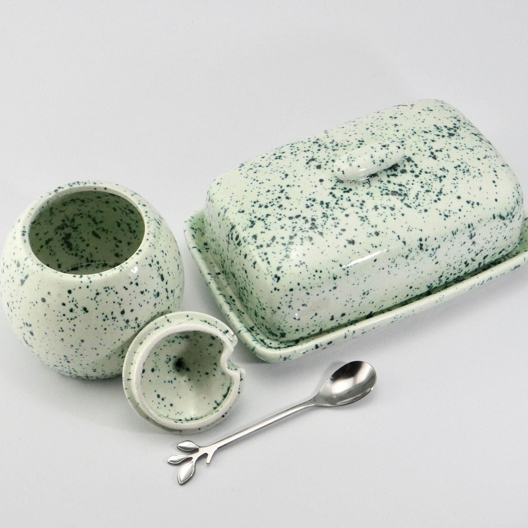 Butter Dish and Sugar Bowl set Speckled Green