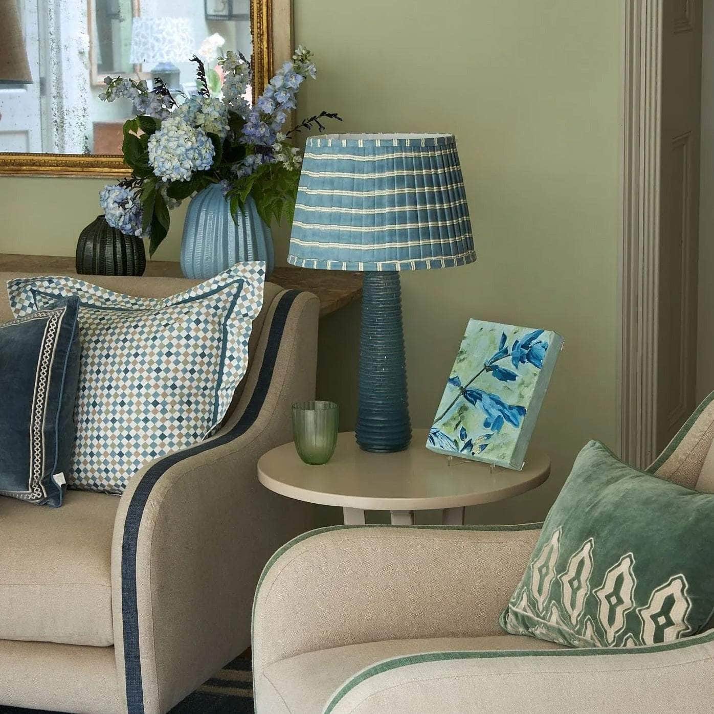 Edo Stripe Pleated Lampshade - Blue and Sage Green
