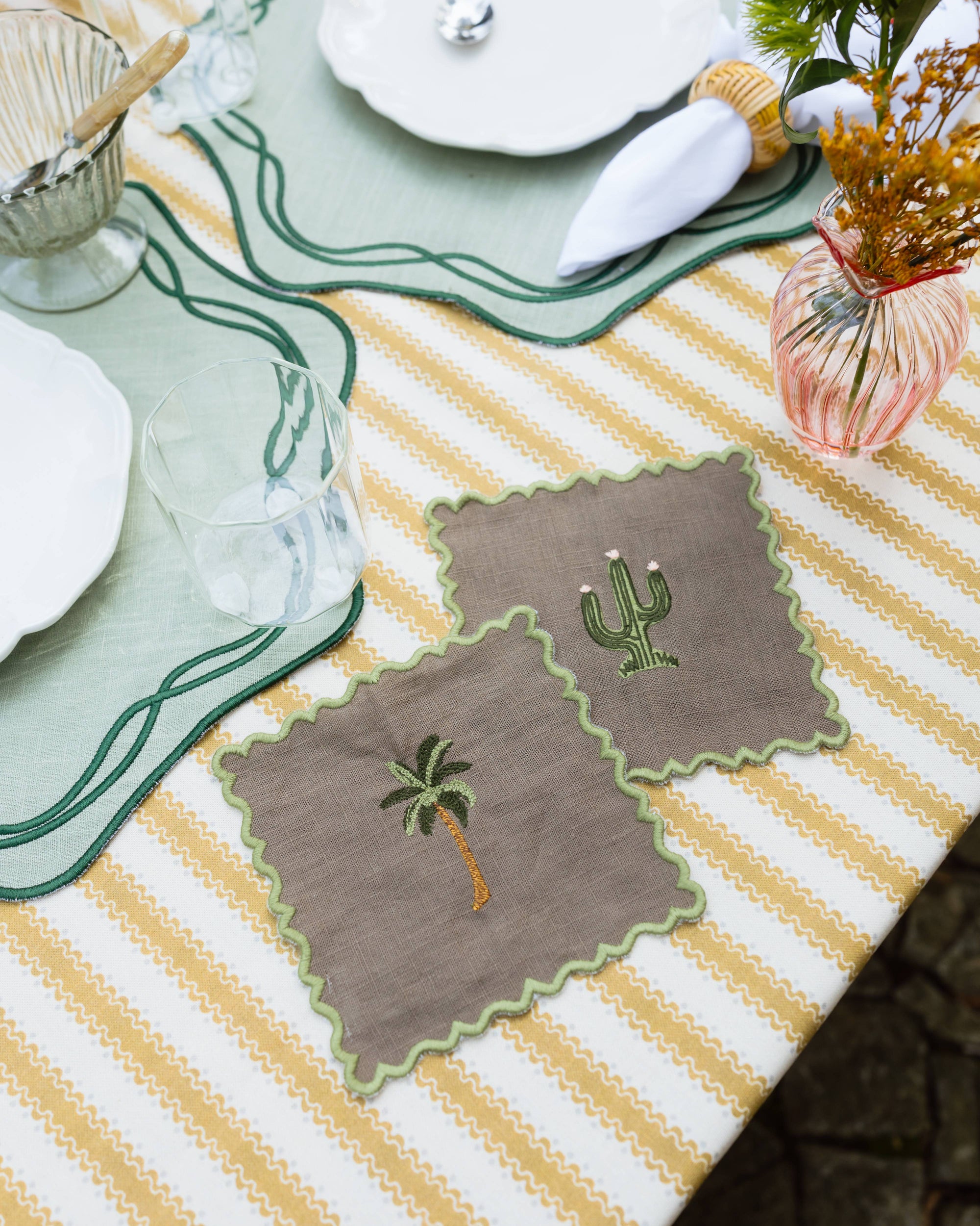 Scalloped Brown Cocktail Napkin with Cactus