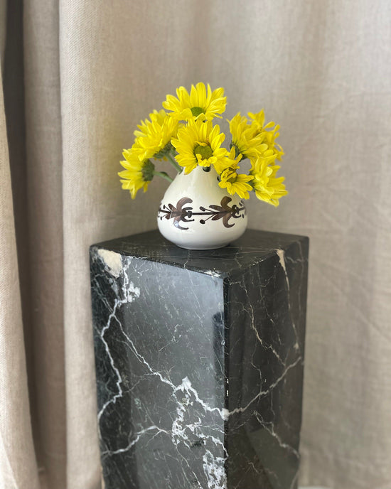 White Ceramic Ikenbana Style Vase with Brown Hand Painted Detailing
