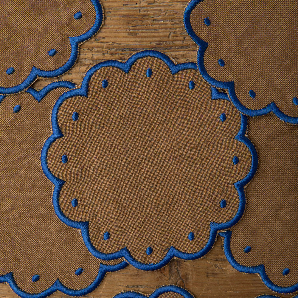 Set of 12 Wavy Cocktail Napkins with Dots - Brown / Blue