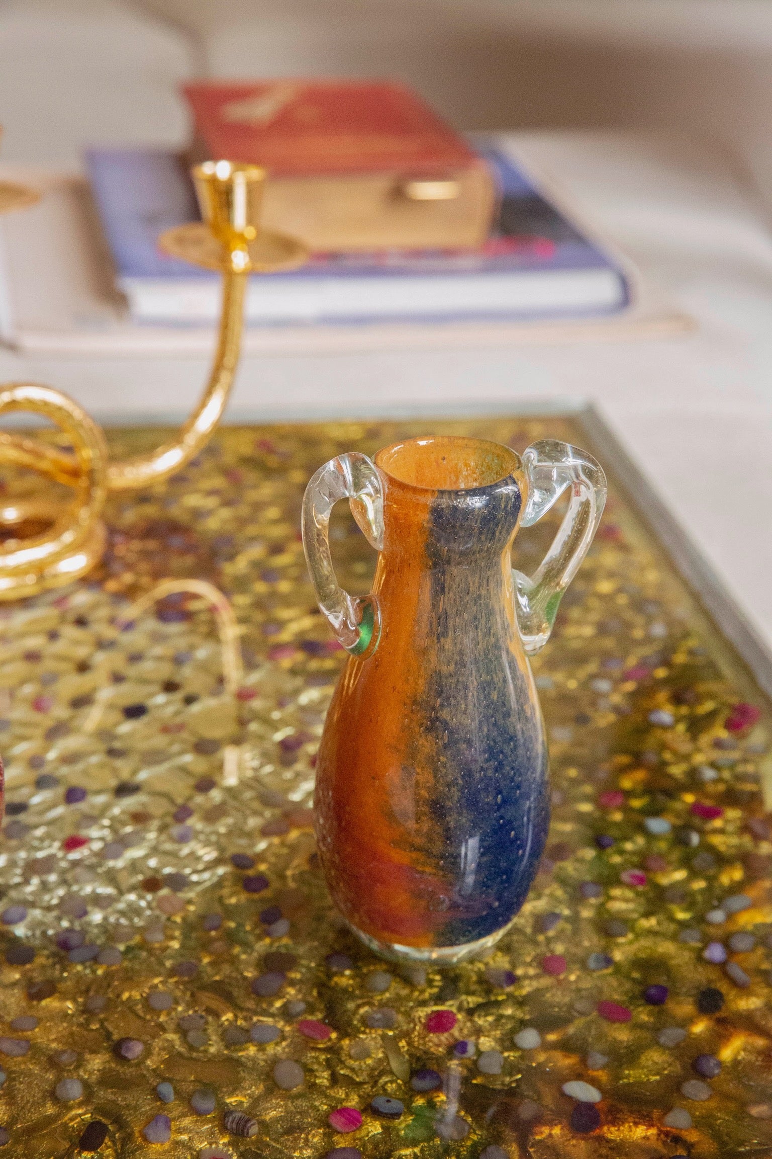 Blown Glass Amphora Vase, Blue and Orange Slim