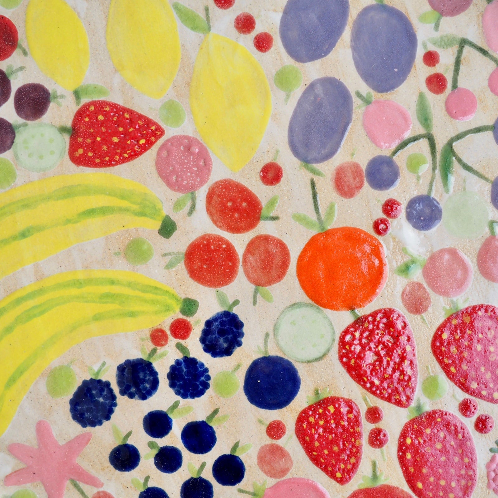 Handmade Ceramic Platter with Fruits and Vegetables & Curvy Top Edge