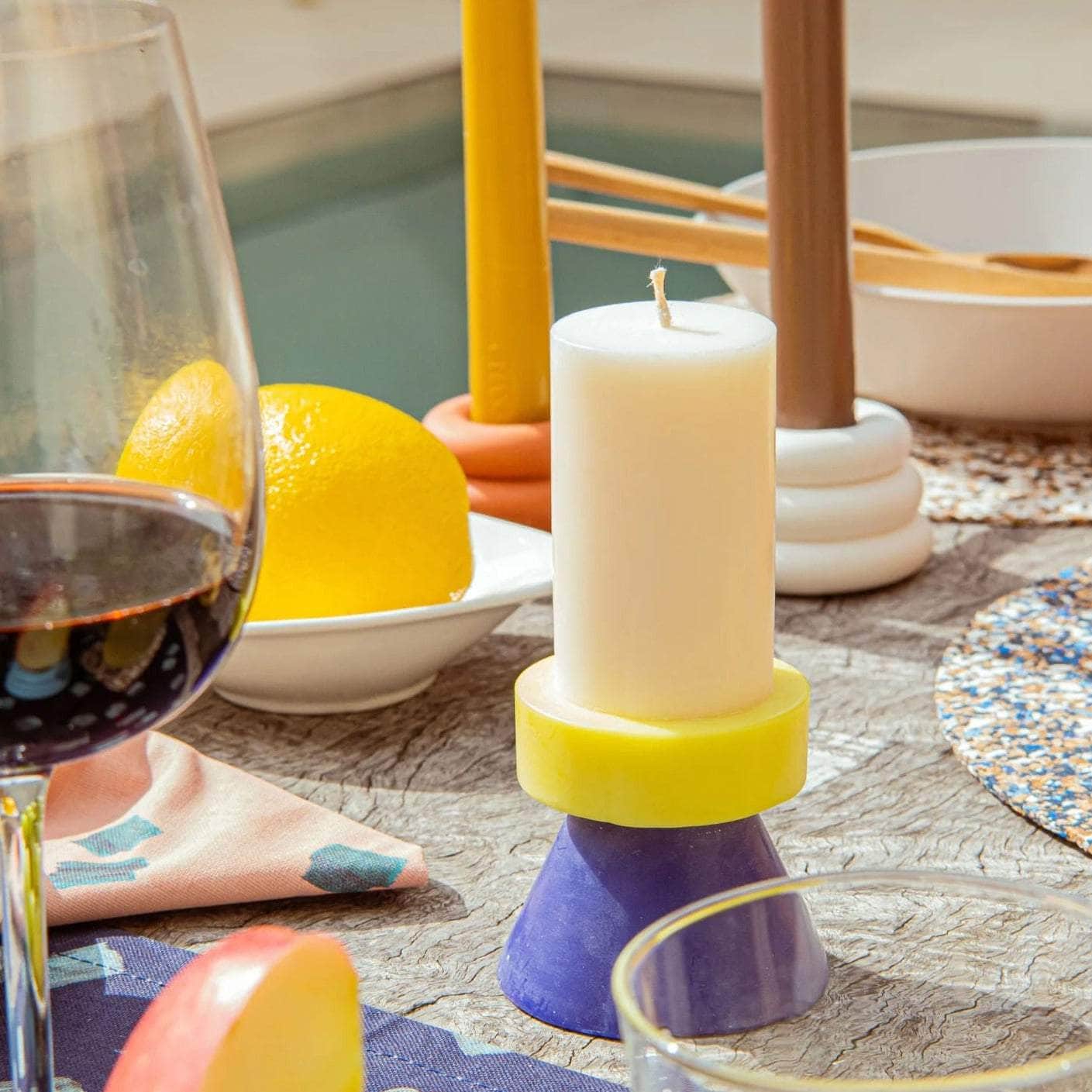 Stack Candle Tall - White / Yellow / Blue