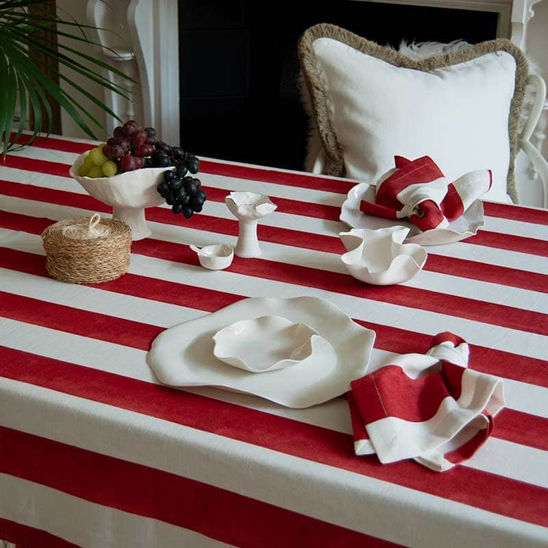 Red Striped Cotton Rectangle Tablecloth Ruffle