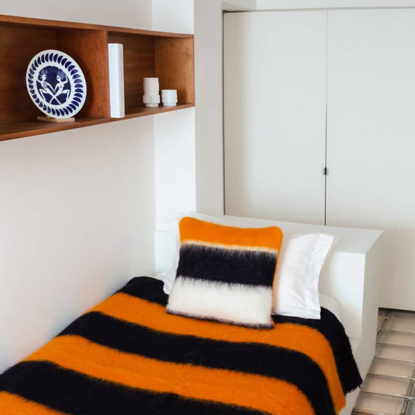Viso Mohair Blanket Black, Orange & White Vertical Stripes