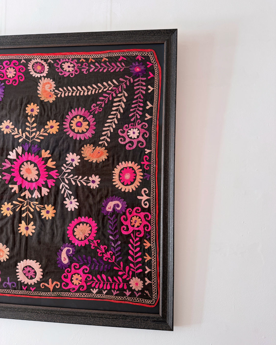Framed Vintage Medium Black and Pink Suzani