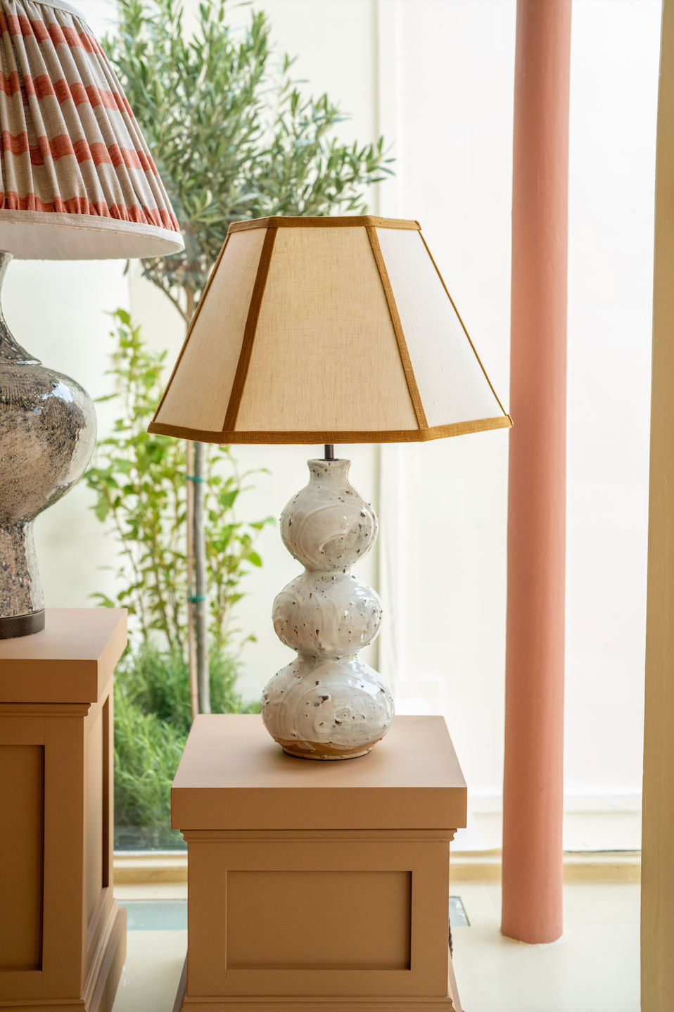 Made to Order Hexagonal Lampshade in Oatmeal with Contrast Trim