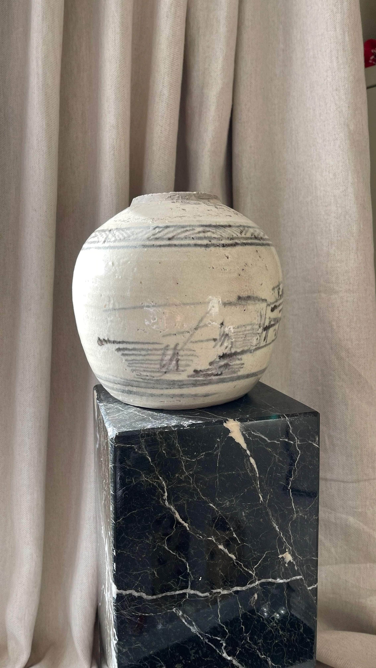 Round White Japanese Style Vase with Black Detailing