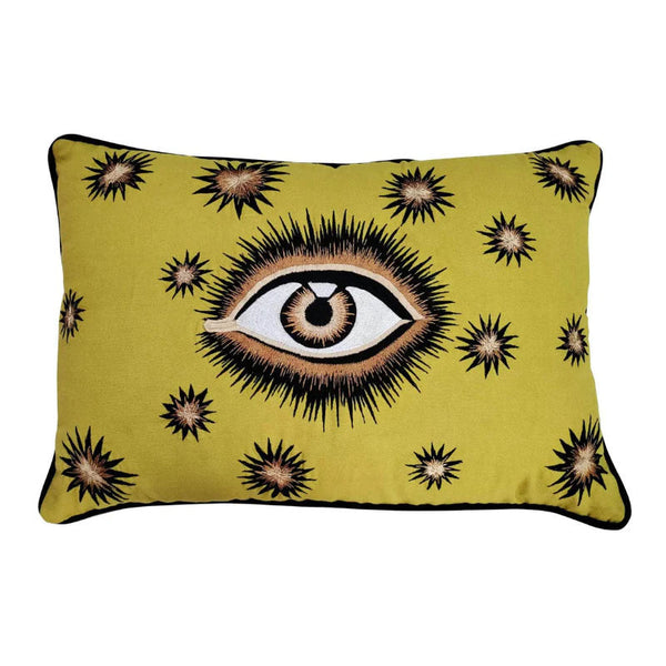 Hand Embroidered Cotton Eyes Cushion Yellow
